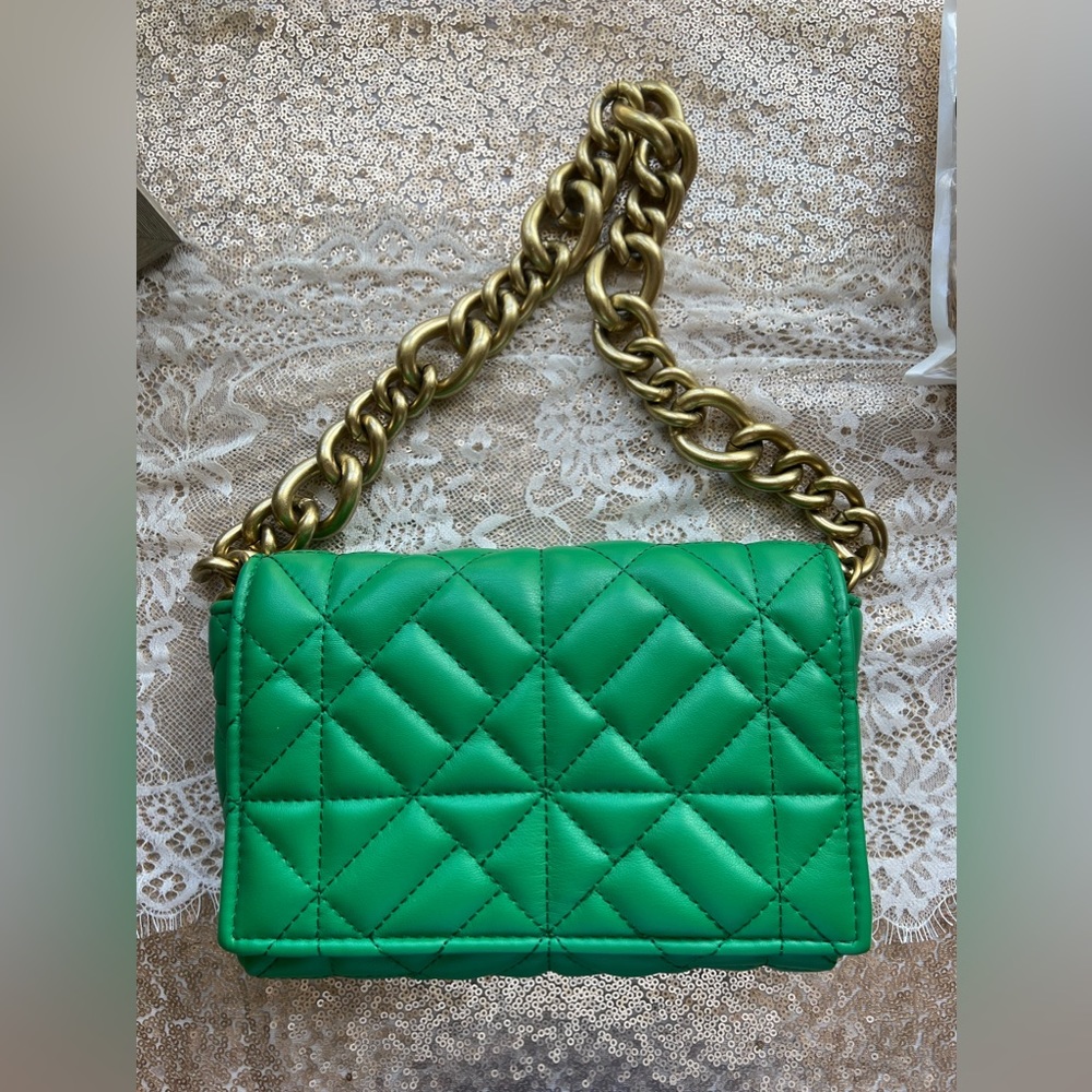 ZARA Green Quilted Chunky Chain Shoulder Bag